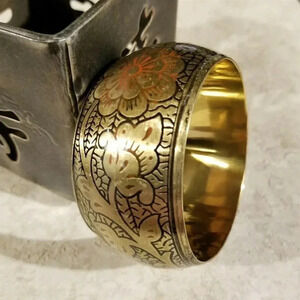 Carved Lotus Flower India Raw Brass Bangle Bracelet Black Red Muted Accents